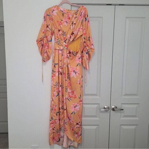 Significant Other Floral Orange and Pink  Puff Sleeve Cut Out Maxi Dress - Picture 3 of 10